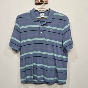Lacoste Polo Shirt 7 US 2XL Blue Stripe Pique Cotton Croc Logo Retro Y2K Preppy